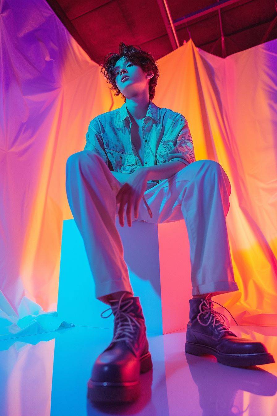 Photography of a full length Gen-Z boy posing in style. Abstract prism lighting photography of a full length Gen-Z boy posing in style.