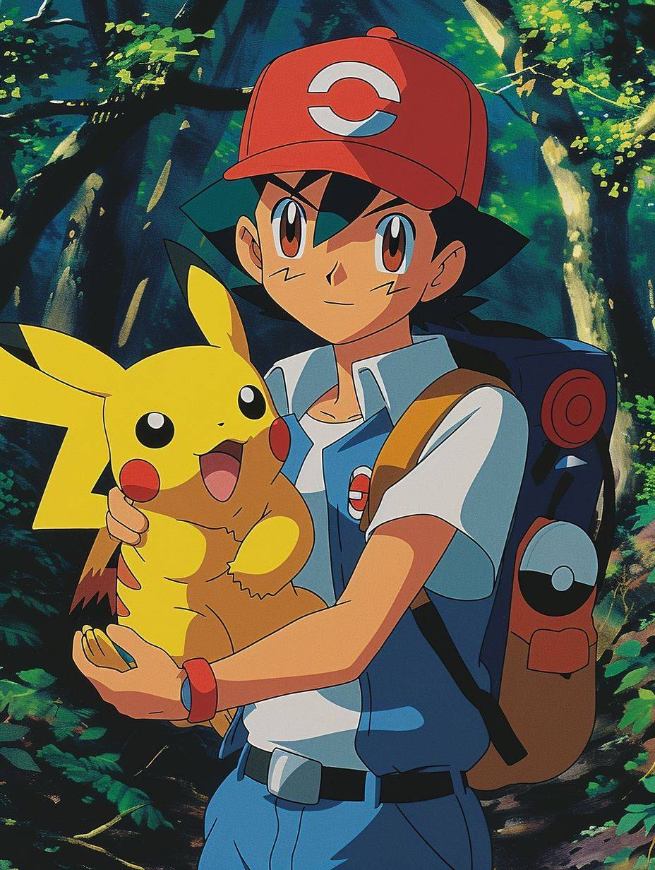 DVD screen of Ash Ketchum from Pokémon, anime-influenced, 1980s, charming anime characters, colorful animation