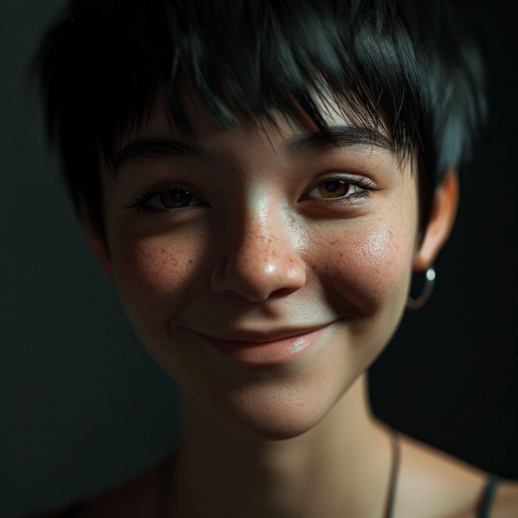 Light-skinned oriental female is smiling, with brown eyes and short black hair, against a black background style and in a gray gym with jagged edges. The photo was taken by Max Weber and Gamercore, and Christian Griepenkerl provided evidence.