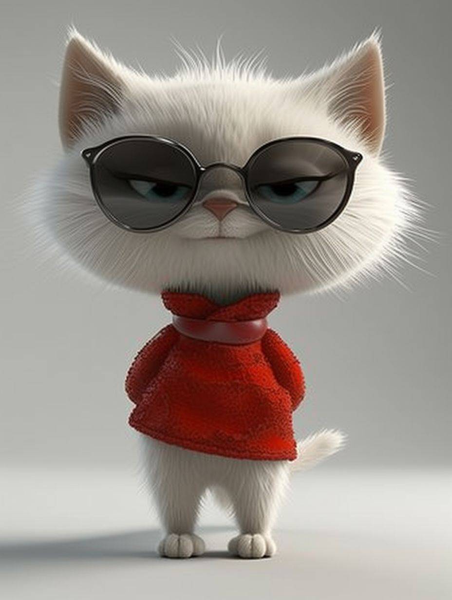Generate a 3D three-dimensional cat, very anthropomorphic, wearing a red dress, wearing sunglasses