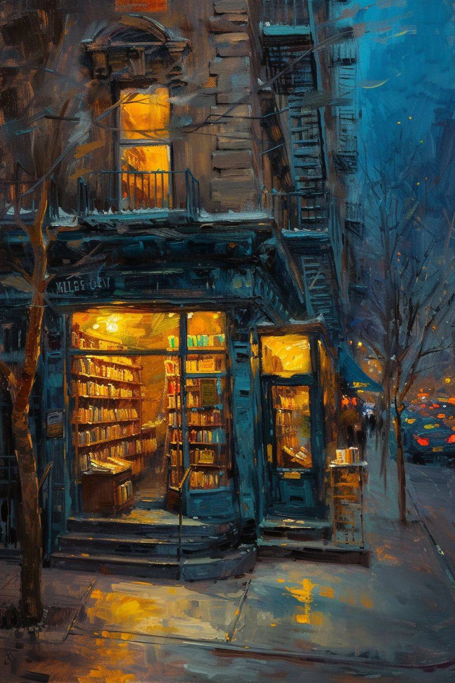 ニューヨークの夕方にある可愛らしい小さな本屋が、キャンバスに油絵で描かれています。深いモーディな照明と強烈な筆触が特徴で、大胆な暖かい黄色のハイライトが冷たい色合いに対比と奥行きを加えています。