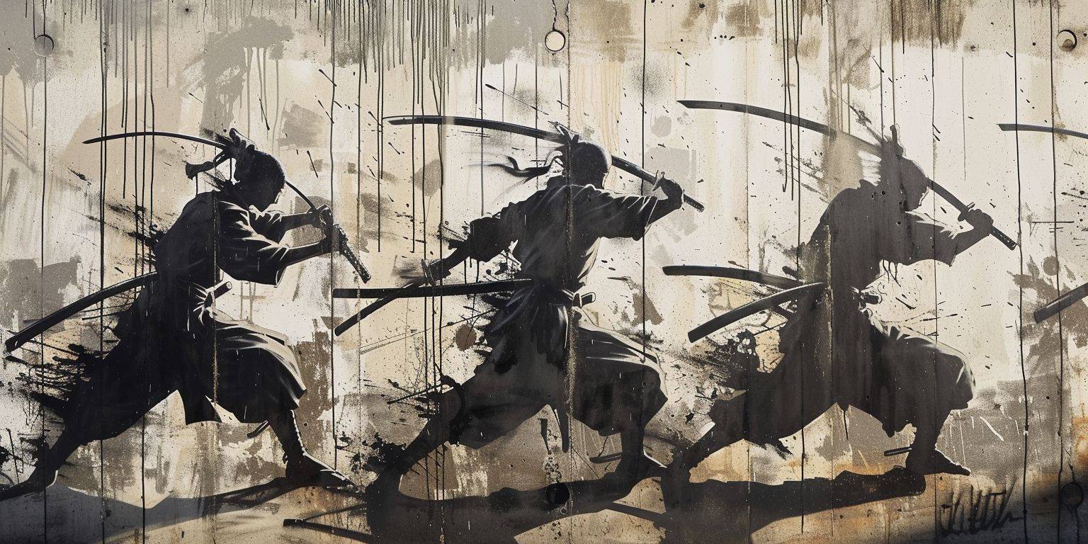 Stylized Stencil Art | Samurai in Dynamic Poses | Urban Wall as Canvas | Monochromatic with Sharp, Clean Lines | Bold, Simplified Shapes Highlighting Movement
