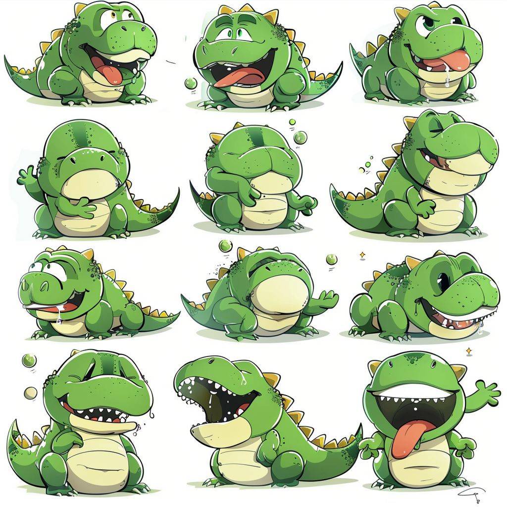Different expressions of the cute green crocodile, with multiple poses and expressions, in a line drawing style, cute style, emoji sheet, [happy, angry, sad, cry, cute, expecting, laughing, disappointed], big eyes, white background, flat color, illustration, with bold manga line style, f/64 group-related characters