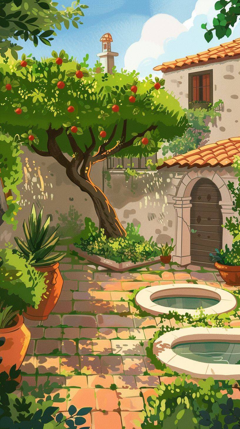 Book cover illustration featuring a small Mediterranean garden with lush olive and fig trees, water features, terracotta pots, and a dreamy, magical ambiance.