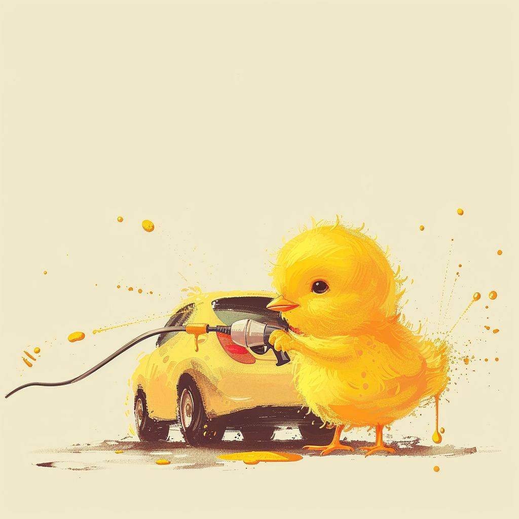 A whimsical and minimalist illustration of a yellow Easter chicken actively using a spray gun to paint a car.