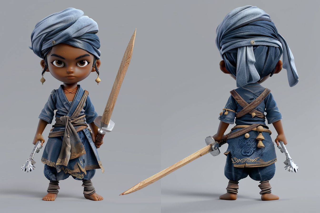 3D model of a dark-skinned 7-year-old boy, assassin, with a blond wooden sword, wearing Nihang Singh warrior clothes and turban, front and side angle on character sheet, daggers on his belt, 3D anime style.