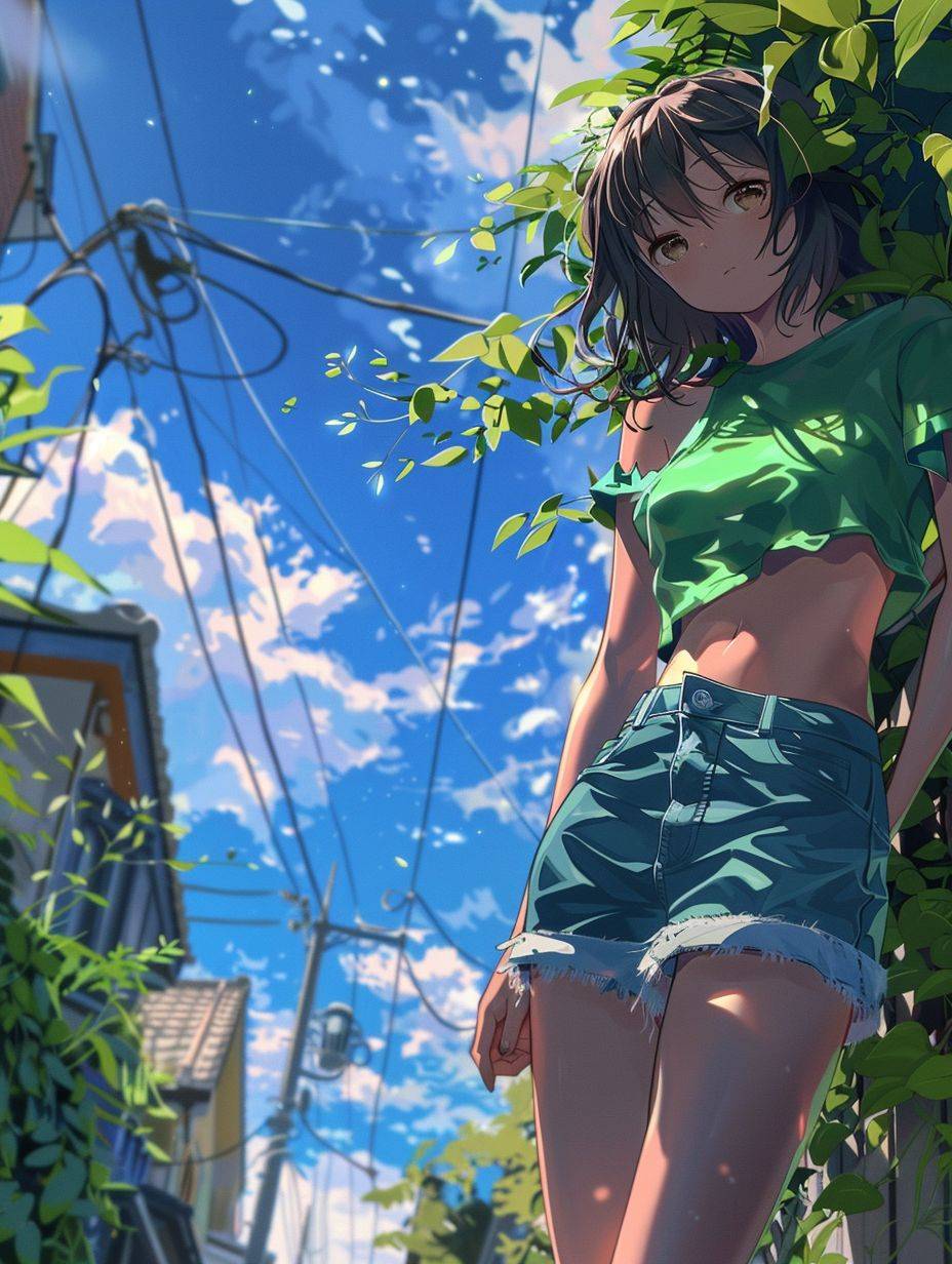 Anime girl in green shirt and blue shorts posing for a picture, by Kose Kanaoka, anime visual of a cute girl, beautiful anime high school girl, anime best girl, female anime character, attractive anime girl, (anime girl), Hinata Hyuga, young anime girl, by Ikuo Hirayama, anime girl