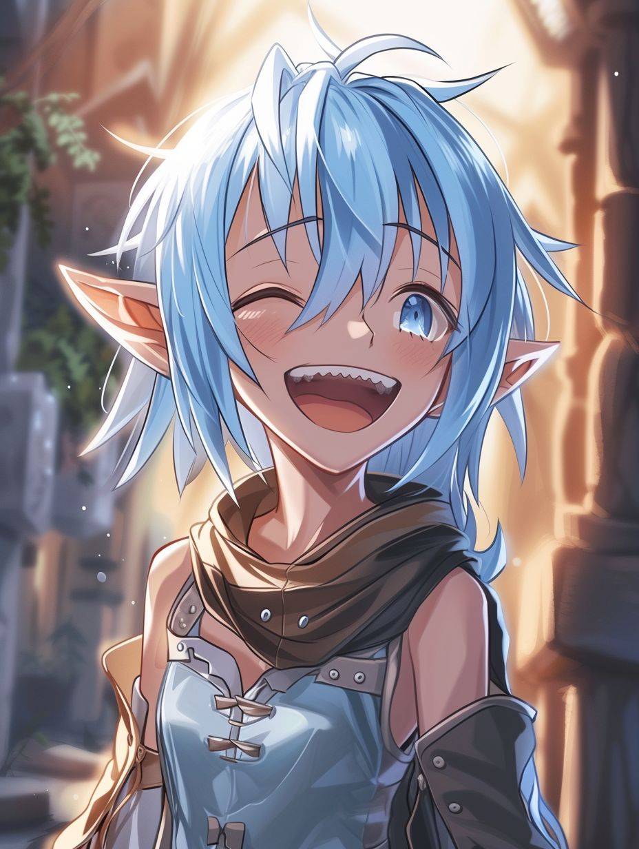 Rimuru as an anime character, smiling, with little fangs, in a kawaii anime style, with nice shading, wearing a costume, with little elf ears, decorative retro art in the background