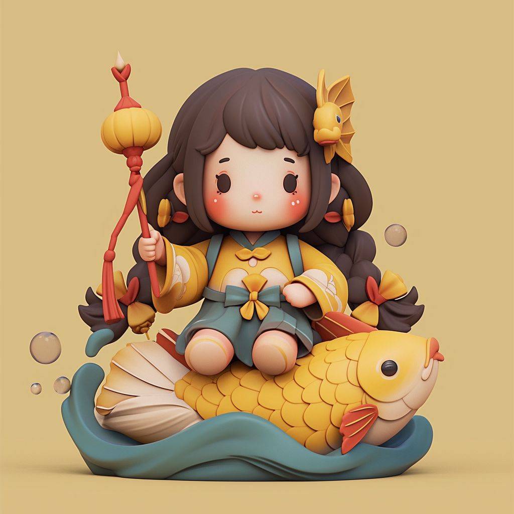 A cartoon girl and a goldfish sitting on the ground, in the style of Zbrush, Chinapunk, adorable toy sculptures, oshare kei, folkloric realism, charming characters, 3D