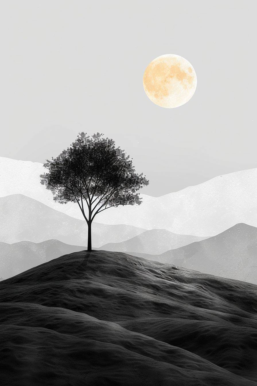 This is a minimalist line art featuring a serene landscape, with a single tree under moonlight, on a mug.