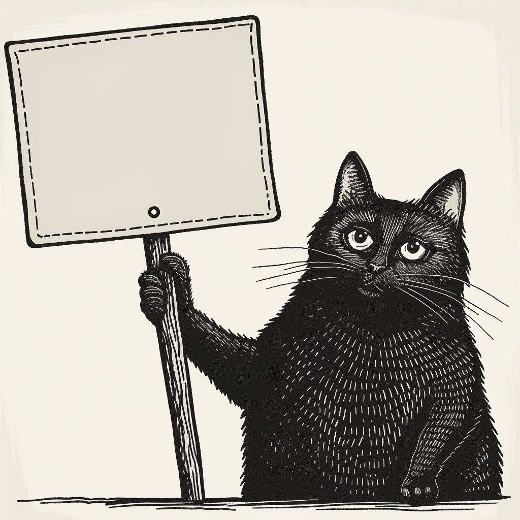 空の抗議サインを持つ太った黒猫、滑らかなラインアート