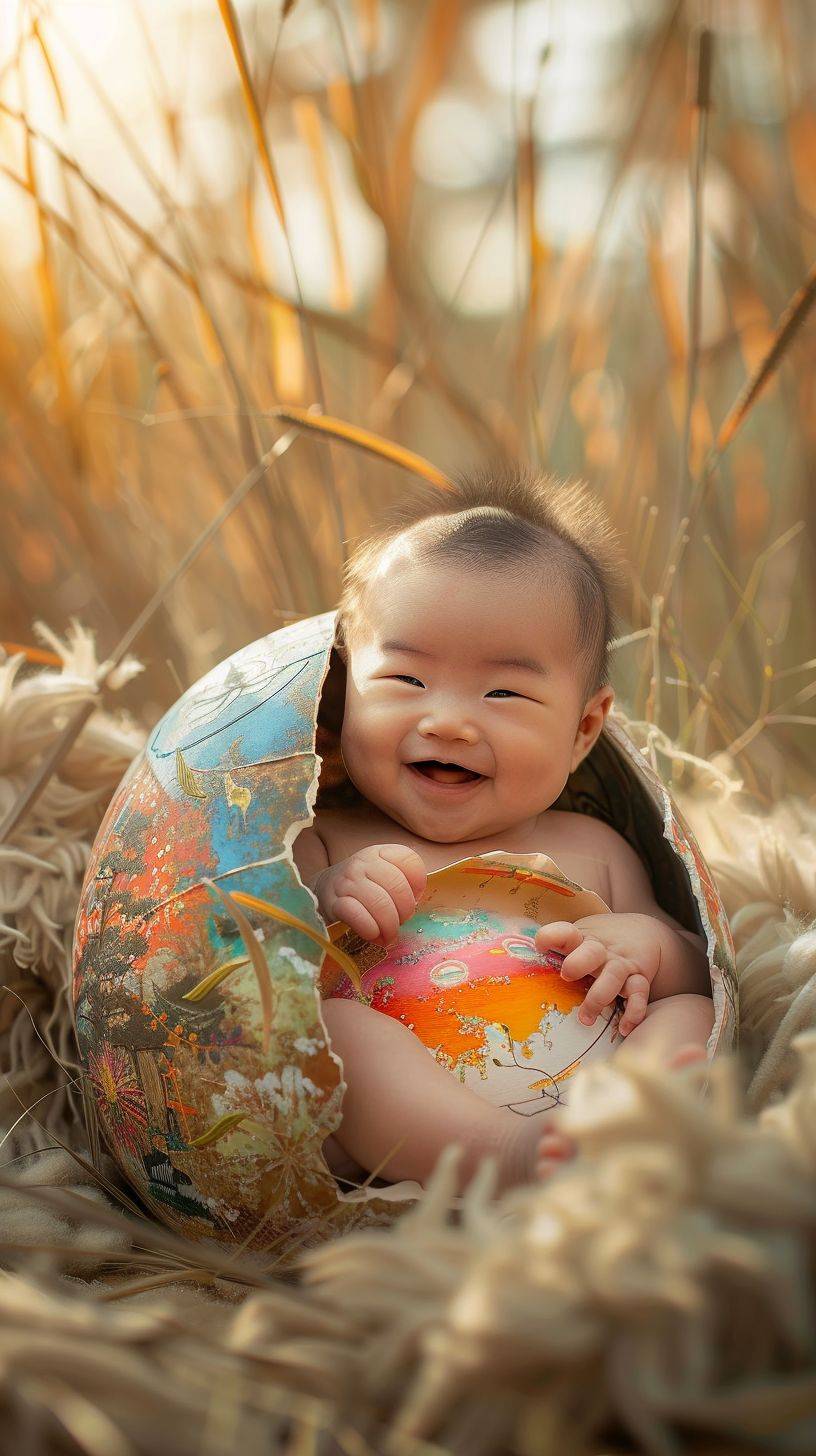 A cute Chinese newborn baby boy, sitting in a huge colorful eggshell, looking at the camera, smiling happily, surrounded by soft reeds, sunny day, hyper realistic, surrealistic photography