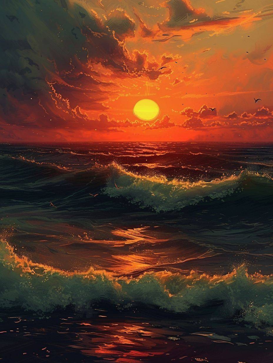 The golden sun sets on the horizon, casting its fiery glow over the rolling waves of the ocean, Alena Aenami style