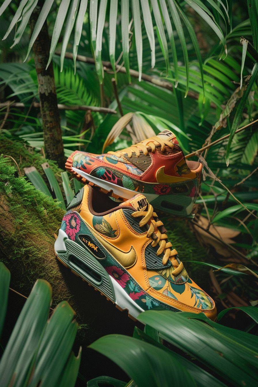 Creative product shot of a pair of custom Nike Air Max 90s inspired by ayahuasca, shot location is the Amazon Jungle. Shot on Fujifilm Superia, style raw, aspect ratio 2:3, aperture value 6.