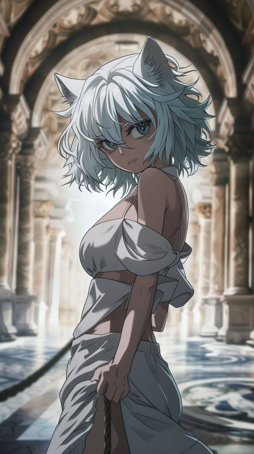 Neferpitou is an anime character from Hunter x Hunter, sensually posing in Heaven in the style of mischievous feline motif, catcore, magical girl, and Botticelli-esque figures--style raw--aspect ratio 9:16--video 6