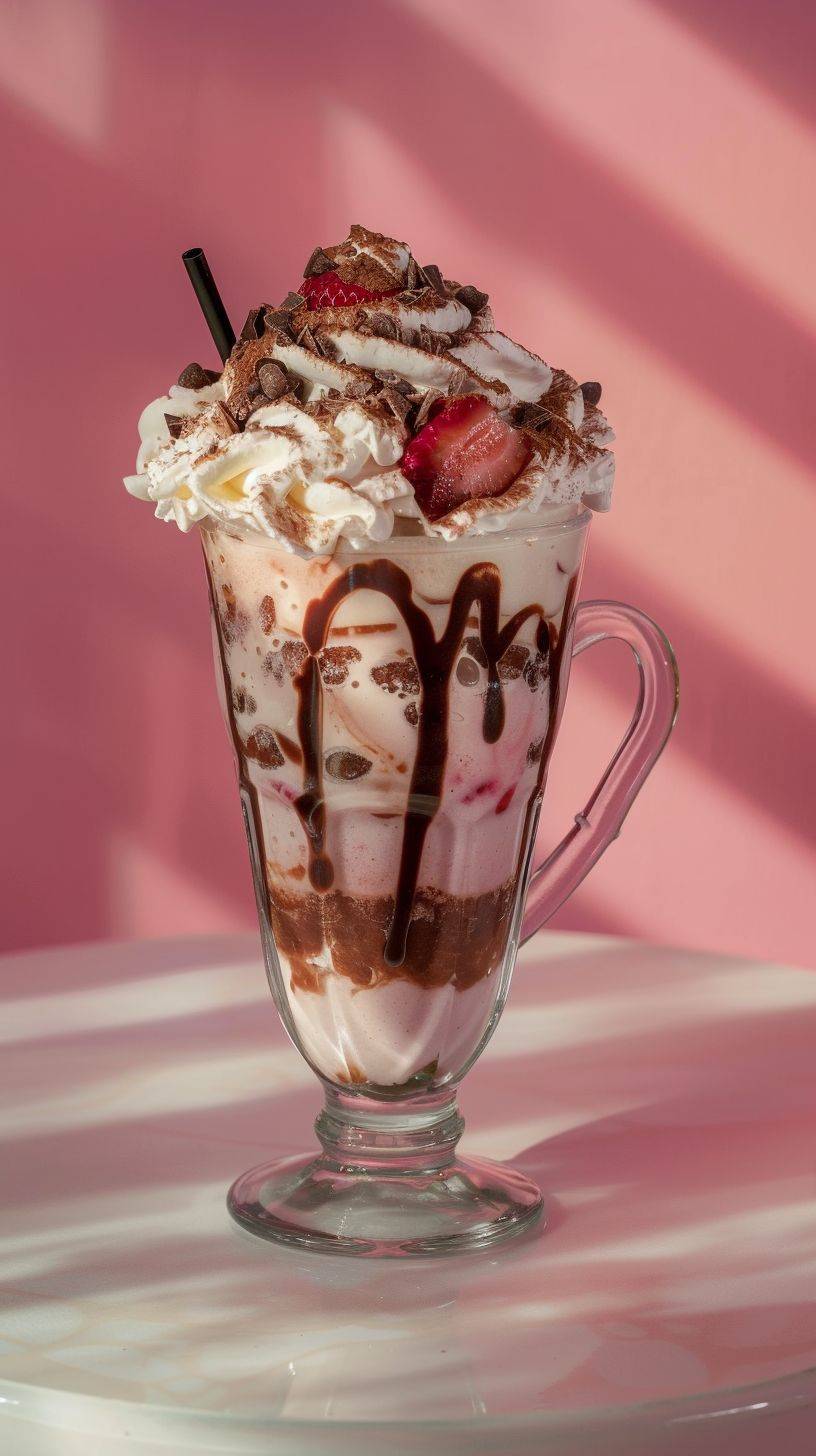 Strawberry smoothie topped with whipped cream and chocolate served on a glass mug on top of a white table and a pink wall in the background, captured by Nikon D7000, centered, perfect composition