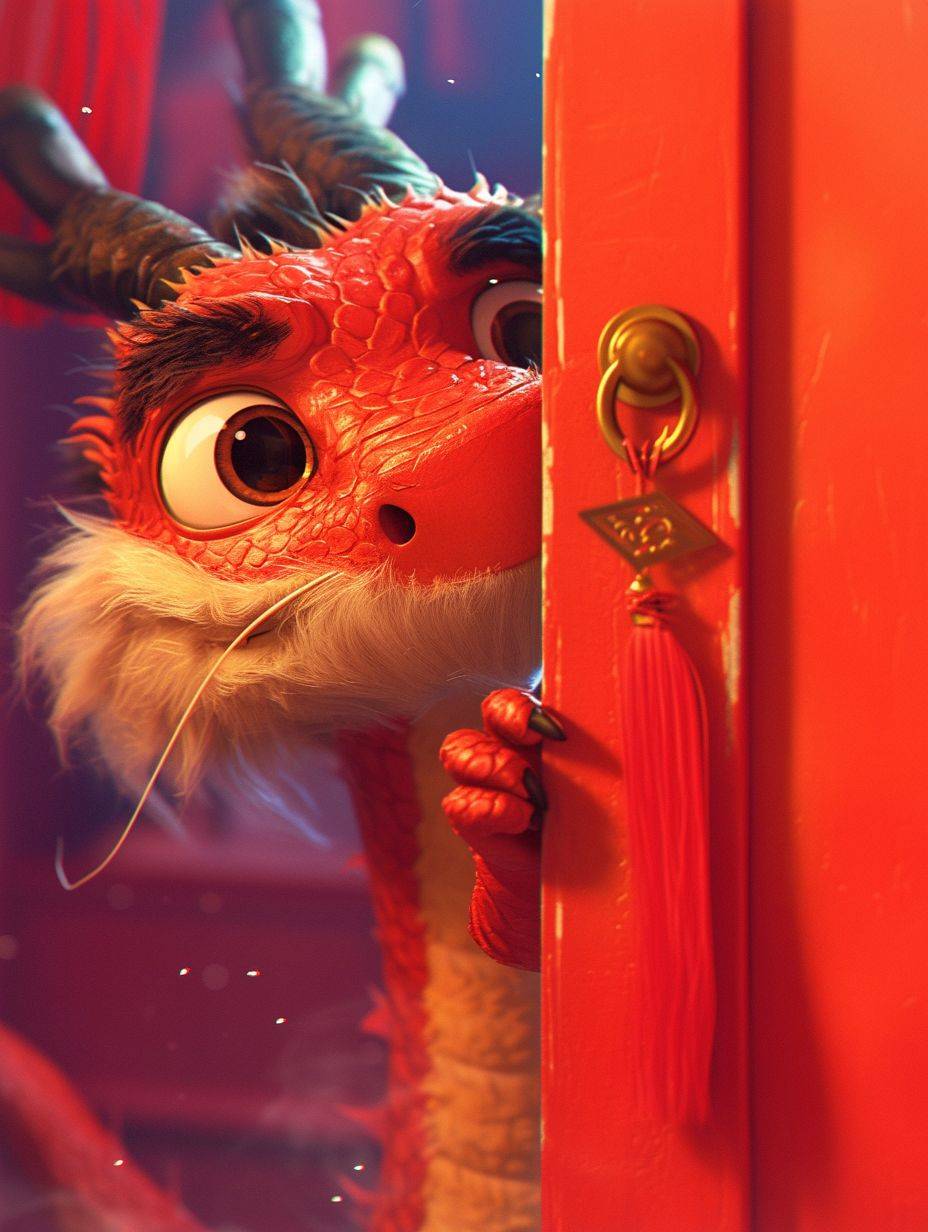 Pixar style, a cute red Chinese dragon hiding behind a red door, showing only its head, furry texture, cute and cute expression, Romantic style, simple clean light red background, movie lighting, volume light, soft and advanced colors, Bubble Mart, 3D, C4D, super detail, super precision