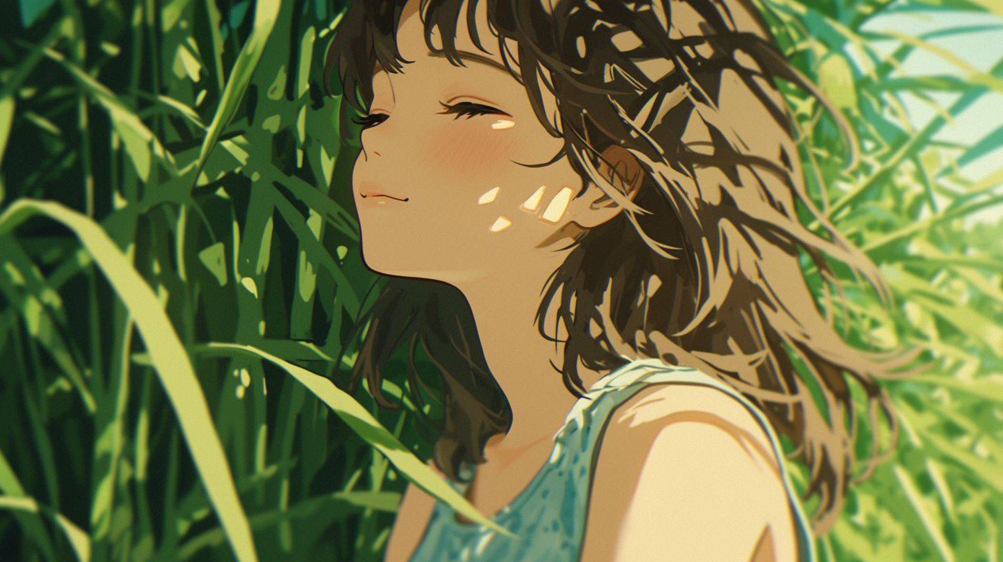 Front view, girl with white sleeping face and brown hair, Makoto Shinkai style, double tone effect, low bitrate, shiny/glossy, realistic portrait, candid, clear and crisp, monochromatic green background