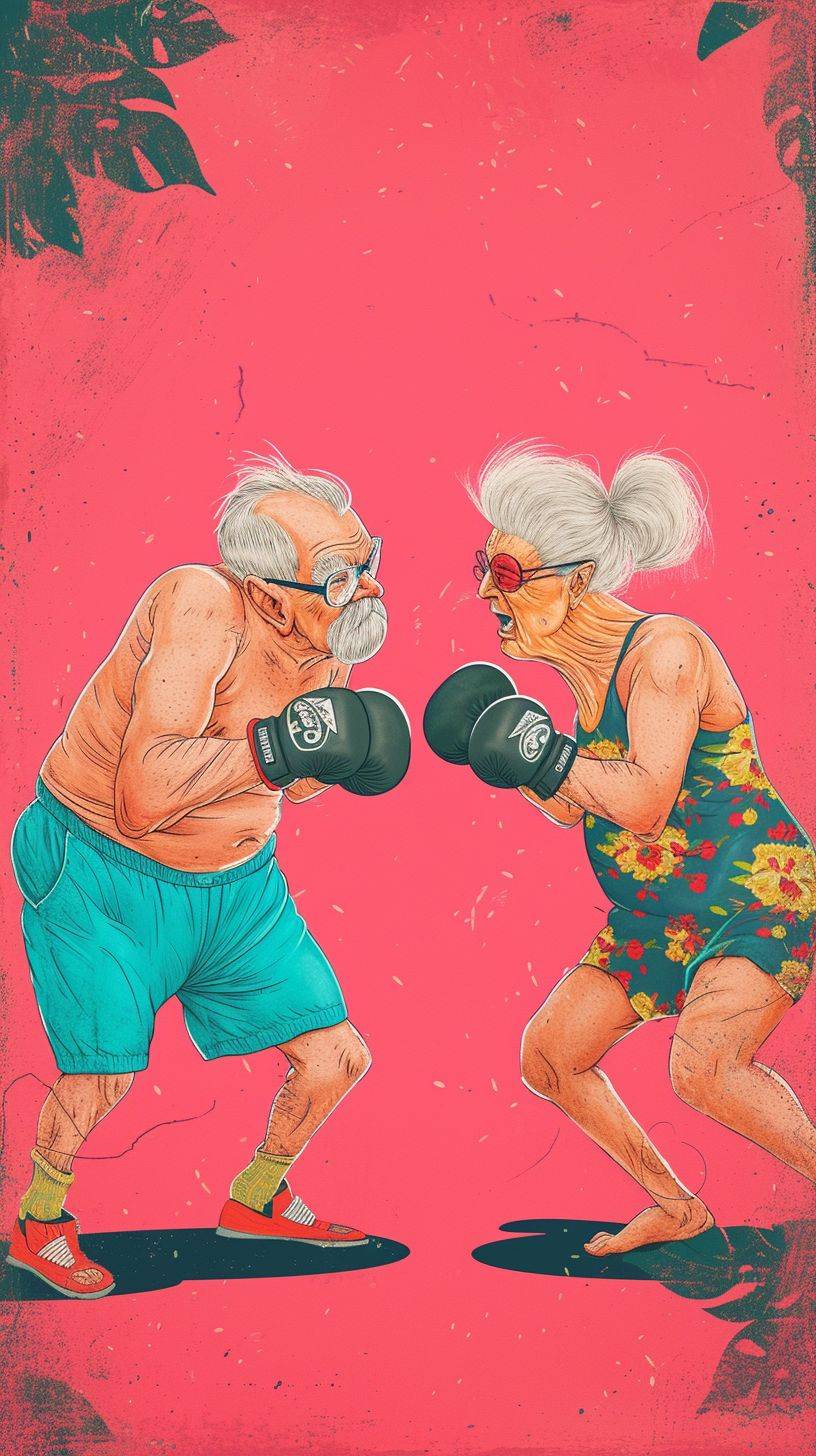 老夫婦がボクシングをしている風変わりなダダ・モンタージュ風の明るい色調の漫画イラスト。バケーション・ダッドコア、巨大なスケール、ワイルドなスタイル、フジプロ800z、カラーリアリズム、ピンクの背景。