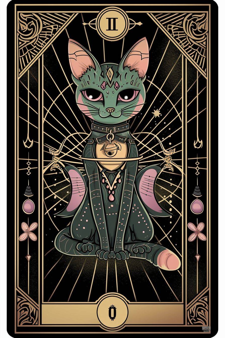 A street art inspired tarot card featuring a kawaii cat fusion with raw style, chaos 4, aspect ratio 2:3, view 6, stylize 50