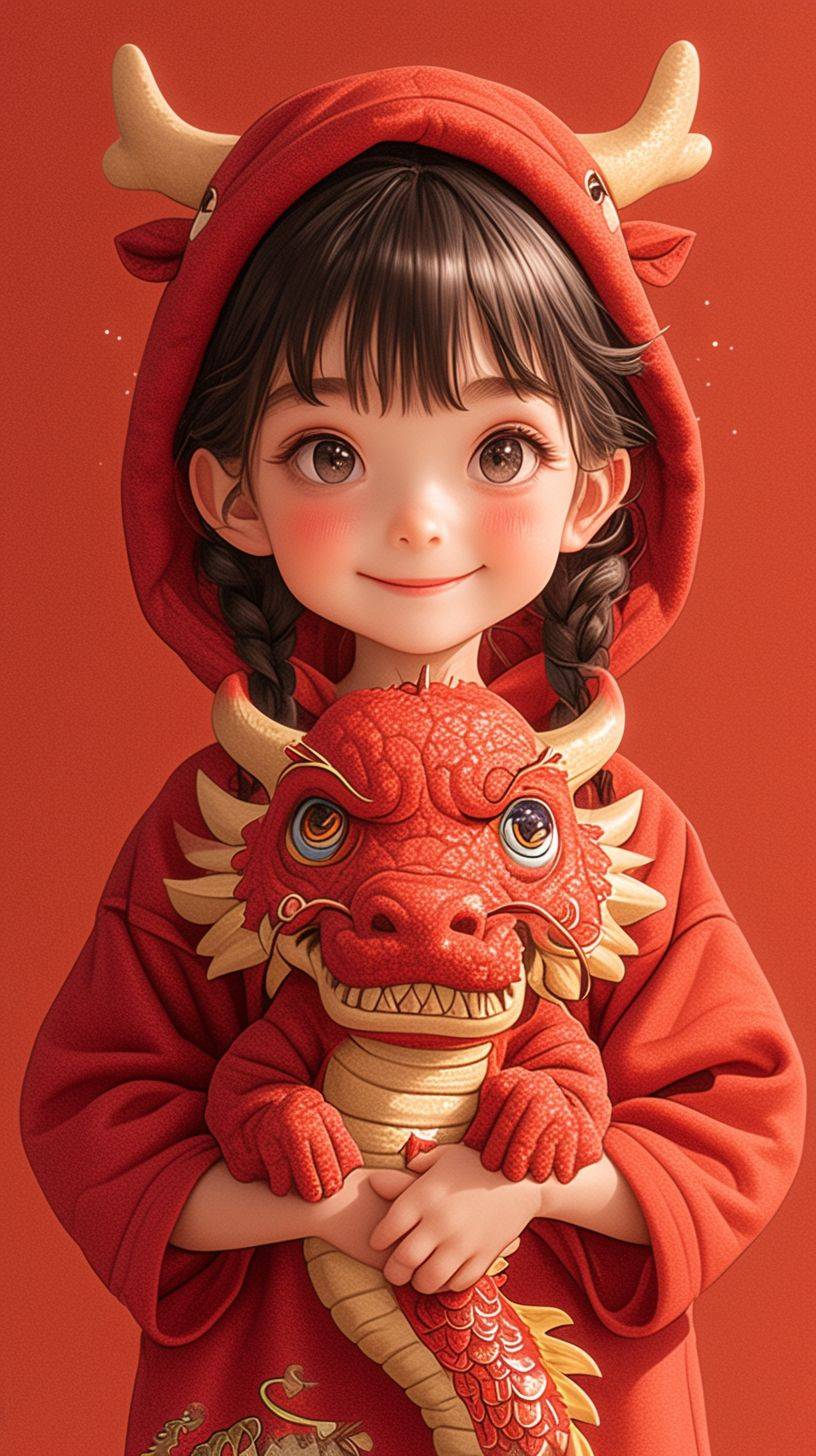 Disney style, a cute six-year-old girl holding a red dragon, wearing dragon hoods, clothes embroidered with auspicious dragon patterns and decorations, full body shot, gold coins, red background, blind box toys, sparkling, Happiness, positivity, red background featuring cartoon character decorated in traditional red and gold colors symbolizing prosperity and good luck, studio lighting, HD, ultra-detailed, 32k --ar 9:16 --niji 6 --stylize 750