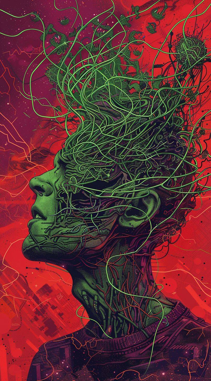 the head of in a red environment, with electricity lines coming from his head, and his head, in the style of interstellar comic book art, purple and green, hyper-detailed illustrations, dan mumford, josan gonzalez, trompe-l'œil illusionistic detail, cybersteampunk --ar 62:111