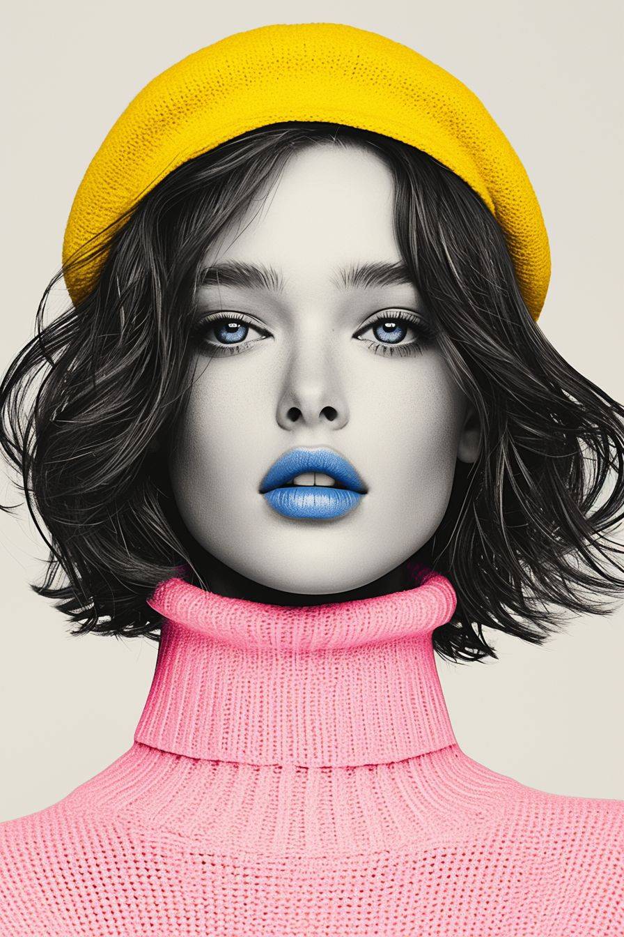 A black and white photograph of a highly fashionable woman with blue lipstick wearing a pink turtleneck sweater and yellow cap