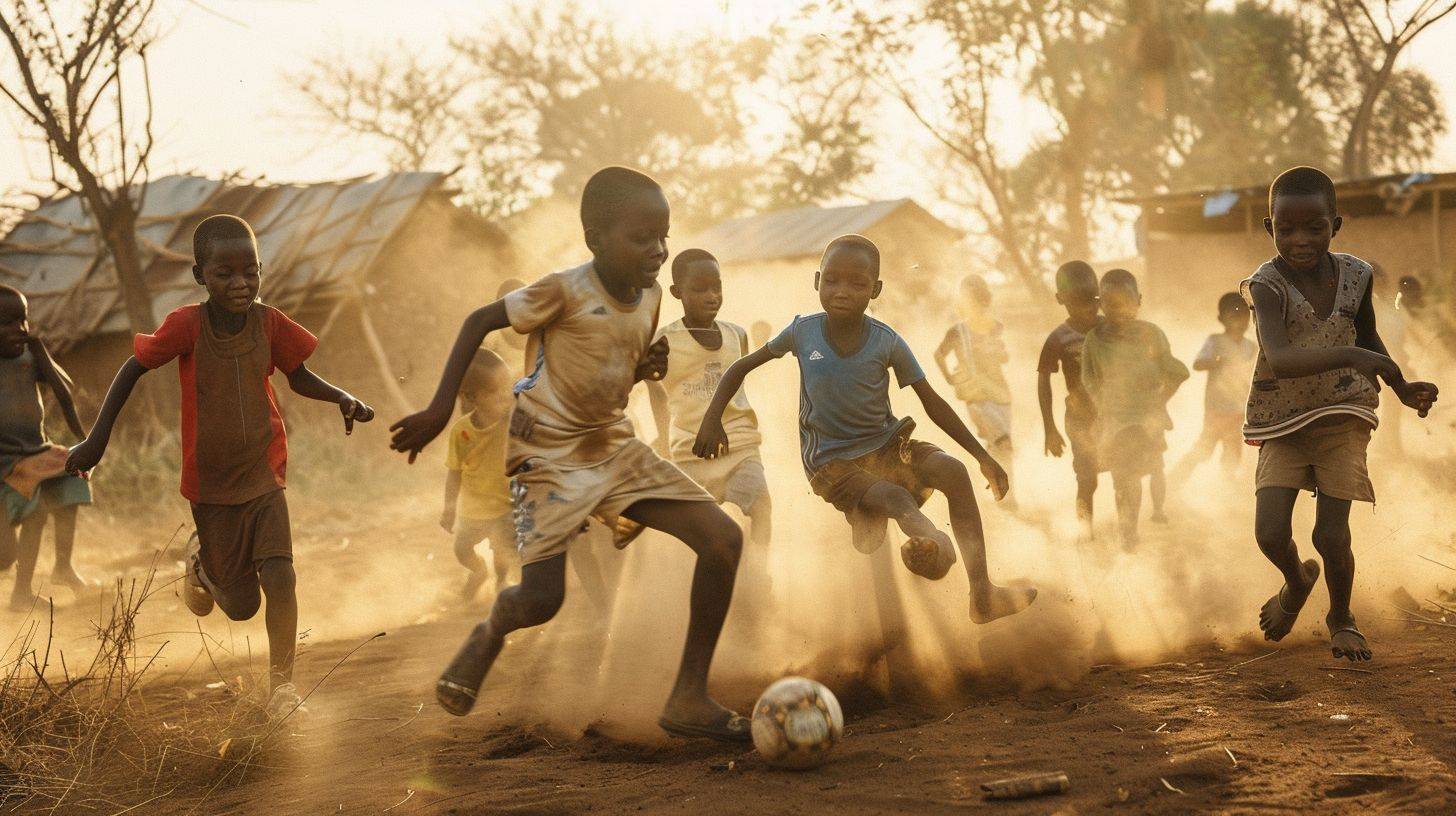 Documentary style, candid snap of [a group of children] [playing soccer] [in a dusty village field] [at midday]. Vibrant dramatic, intense setting. Captured on a digital camera, action narrow angle --ar 16:9.