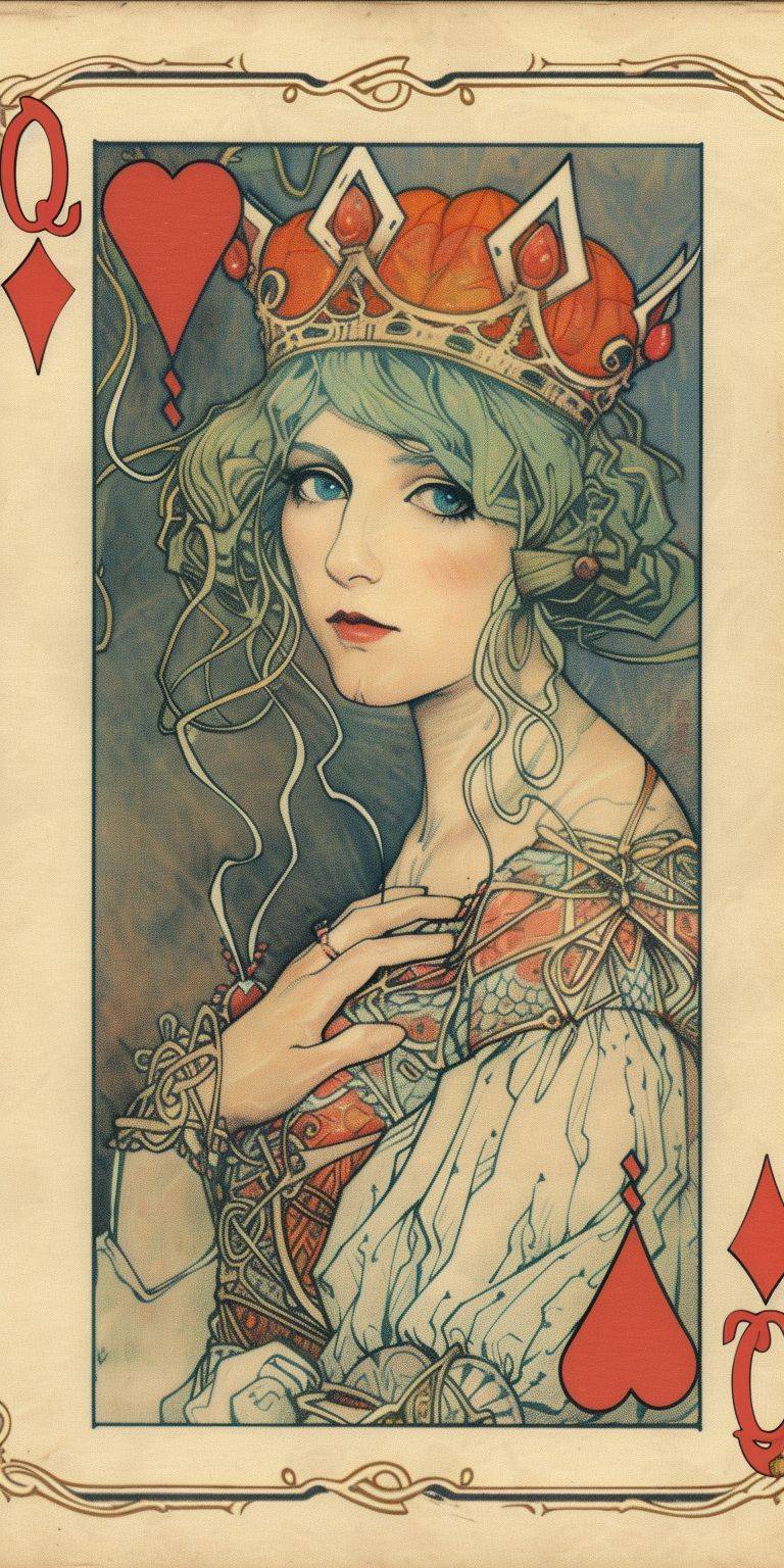 Minimalist playing card made from three-color woodblock print on cream-colored archival card stock, featuring the Queen of Hearts. The card has red hearts symbols and a 'Q' at the top and bottom, depicting a stunningly beautiful young queen wearing a crown with beautiful blue eyes, and a geometric graphic body in crimson, turquoise, and orange. This fine art print is trimmed in gold gilt with a gold gilt-surrounded frame line in the style of Bauhaus, Japanese minimalism, hatching, cross-hatching, contour lines, stippling, and decorative printmaking, exuding elegance, regality, and tastefulness. The card typography includes 3-drop shadow, shading, and shadow for added dimensionality, depth, 3D, and cartoon-like style.::-1