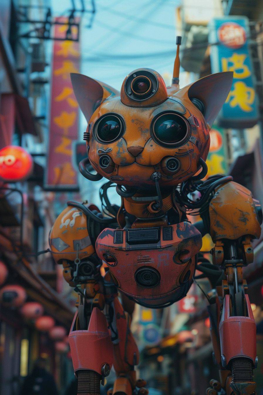 Techmecha cat drawn in the style of Tekkonkinkreet anime. Low-angle composition.