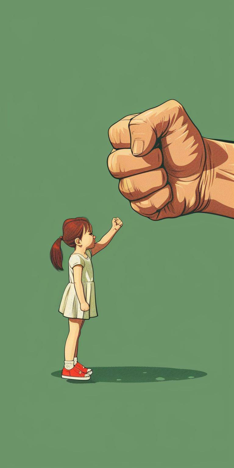 A little girl extends a fist and collides with a huge fist, line art, green backgroud, flat illustration, minimalism
