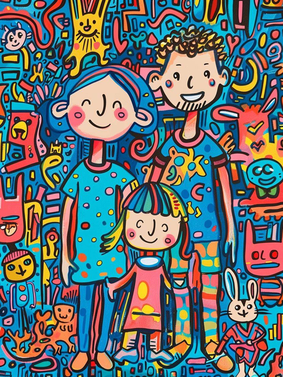 Cute cartoon family portrait, 2 adults, 2 kids, 2 pets, full body, jumping, blue, doodle in the style of Keith Haring, sharpie illustration, bold lines, in the style of grunge beauty, mixed patterns, text and emoji installations