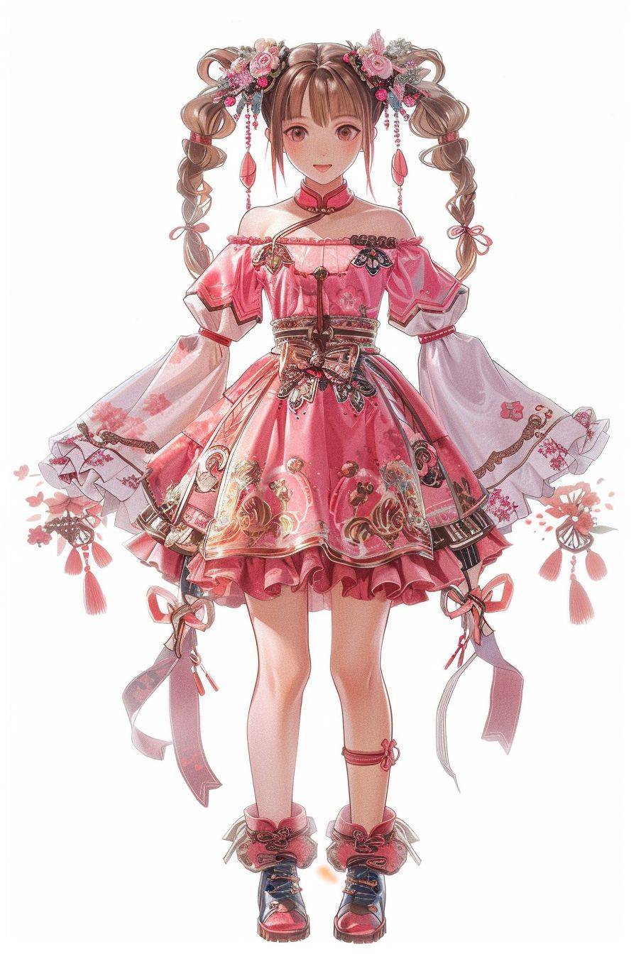 Full-body rendering of clothing, with enlarged clothing details next to it, a nine-headed girl with double ponytails, wearing a pink Lolita skirt, Chinese cheongsam elements, white background