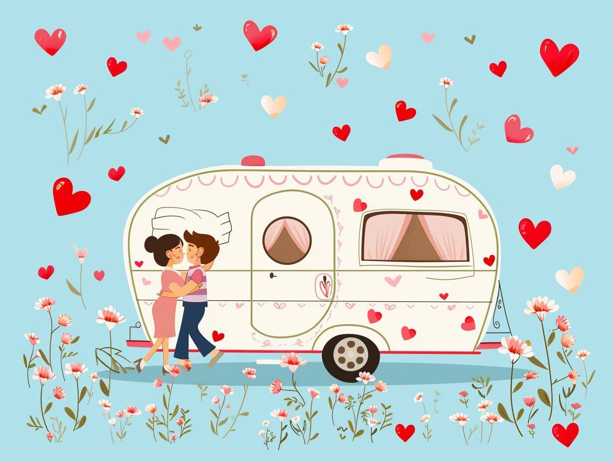 funny cartoon Valentines Day modern cute caravan and couple, around hearts and flowers,