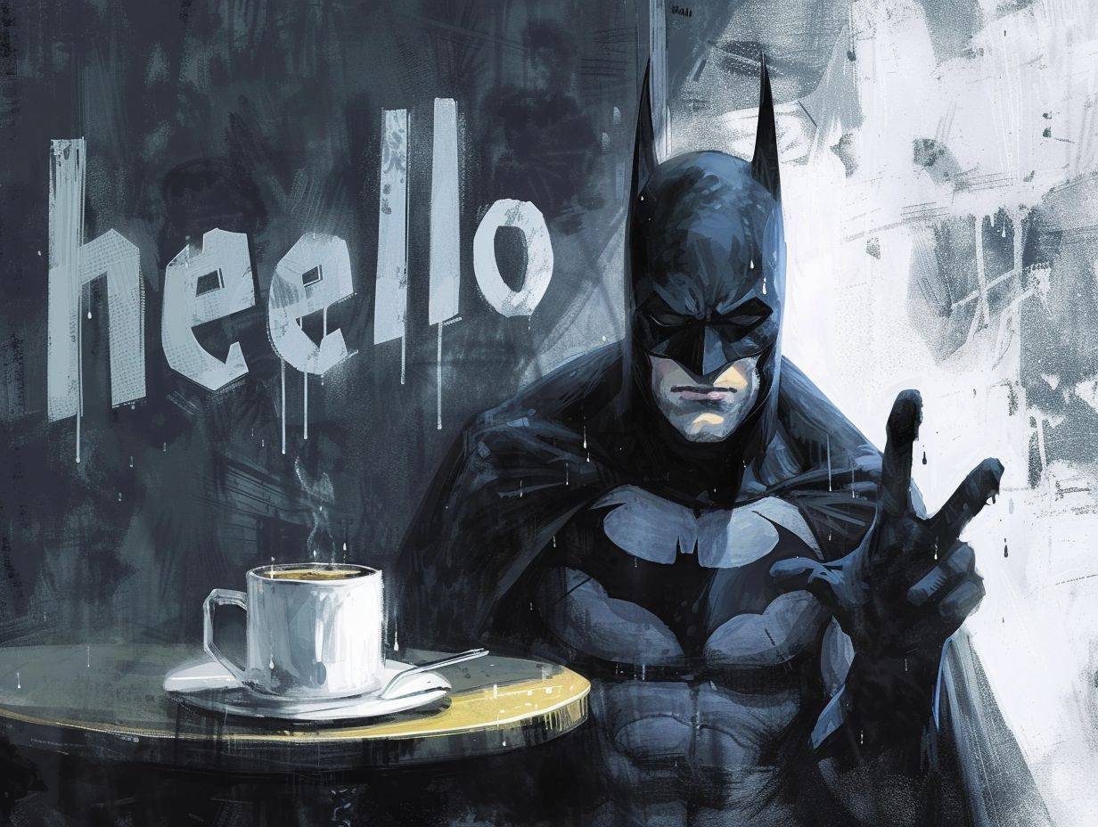 Batman drinking a coffee and saying 'hello'