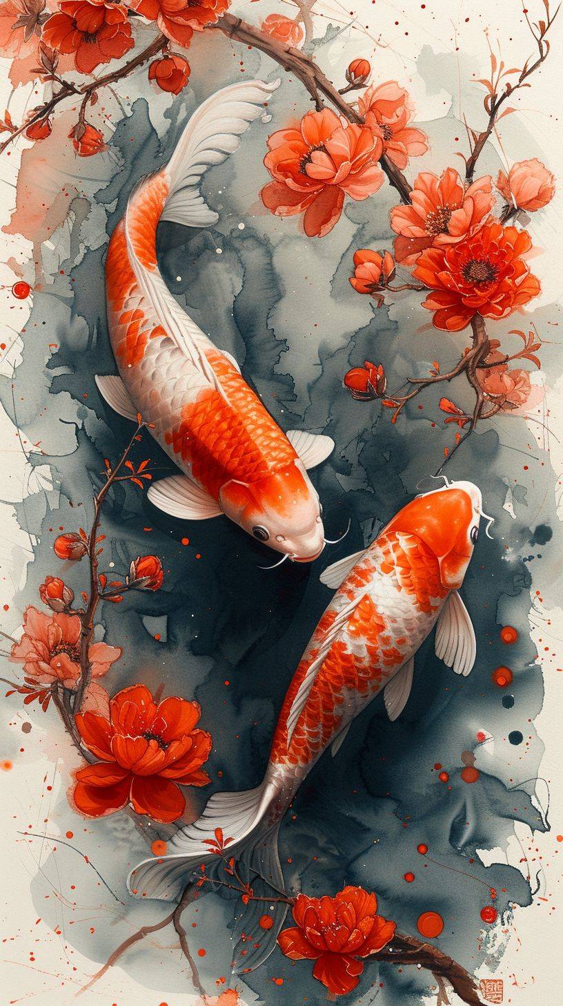 Chinese red and white watercolor painting of koi fish and flowers