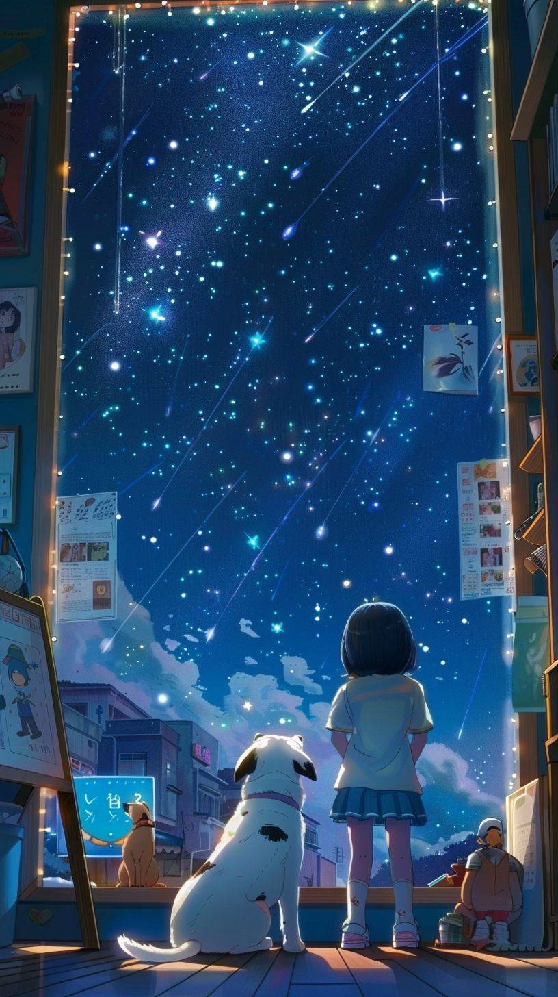 A cute Japanese girl and her dog lean against the window in a Pixar-style room, looking up at the starry sky. The room features a photo of Ryuichi Sakamoto and a poster of Namsan, along with beautiful indirect lighting and pretty art toys.