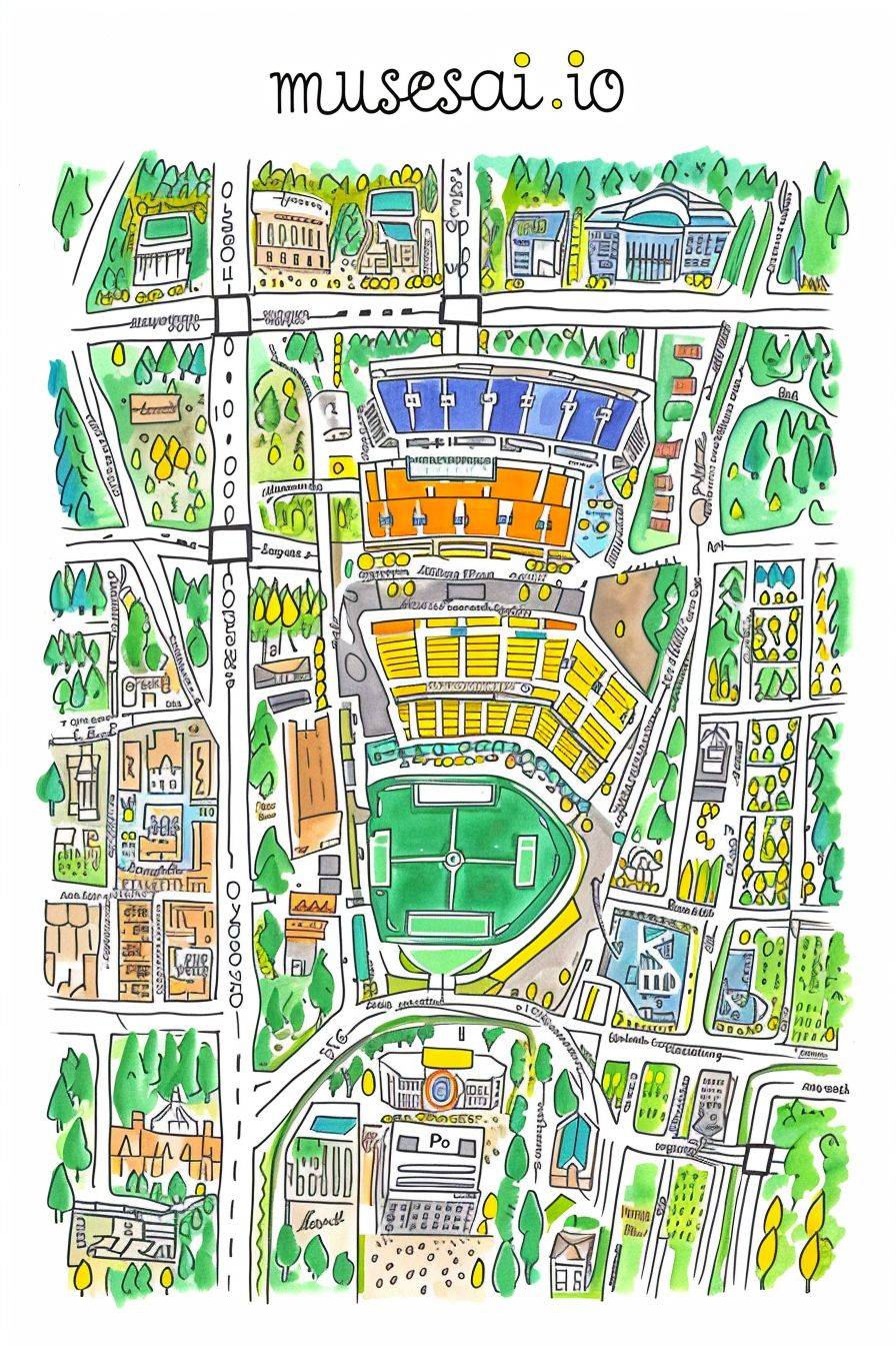 This digitally hand-drawn sketchnote style travel map of Michigan Stadium does not contain any human artistry, but features the text "musesai.io" at the top, highlighting key landmarks. Emphasizing a blend of accuracy and artistic flair, it uses vibrant colors and a variety of line weights for a dynamic, inviting look. The overall feel should be both informative and visually enchanting, inviting viewers to explore the city through the map.