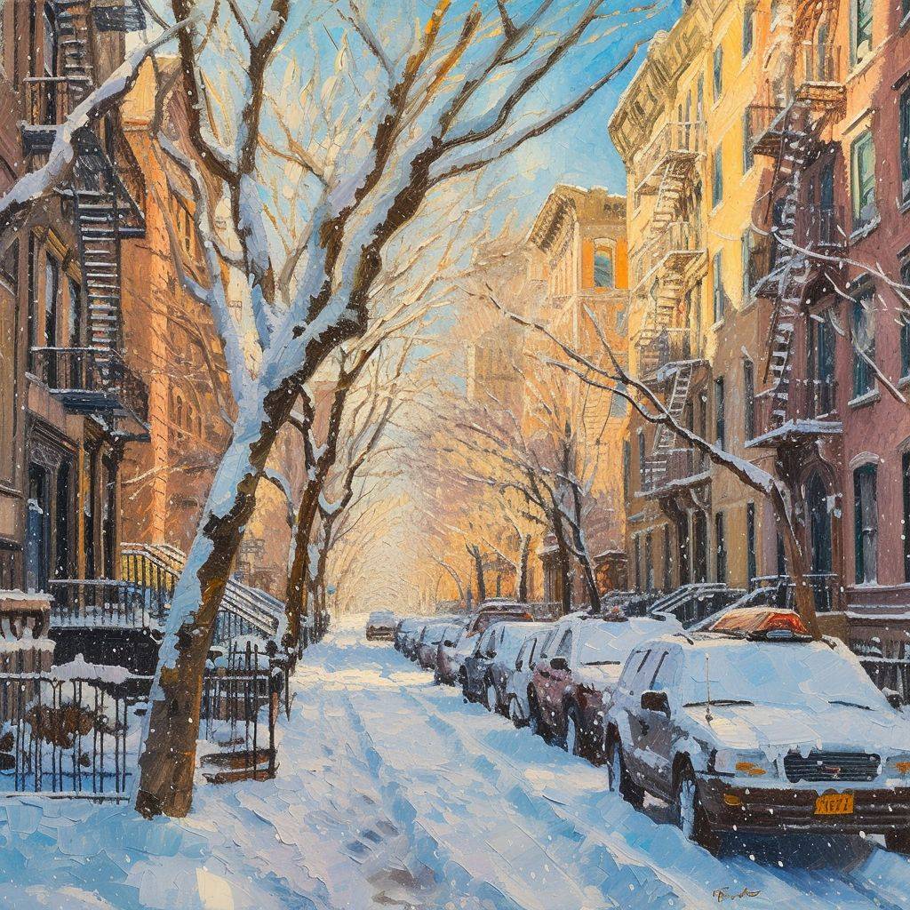16ビットの油絵、ピクセルのような筆触、ノスタルジックなシーン、ニューヨークの美しい晴れた冬の日、柔らかい光、時代を超えた雰囲気