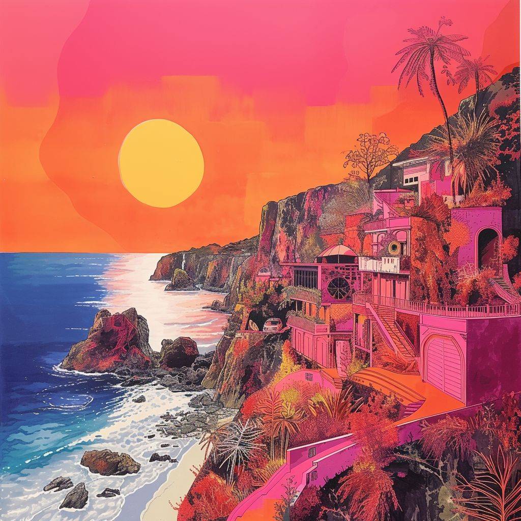Amazing Landscape Pop Art Deco Painting, Maximalistic, Serene, stylized, Coastal Town, Watercolor ink paint, fuschia and peach color grading, highly detailed, volumetric, hyper realistic, 3D, award-winning, Sunrise, lovely