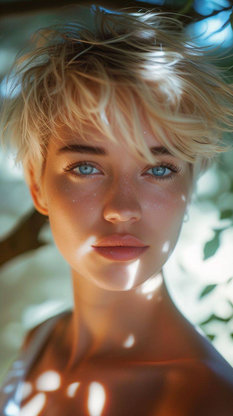 ショートブロンド髪の女性の極端なクローズアップポートレート写真で、窓の外の木々に光が差し込んでいます。反射を取り除き、青い目のテクスチャと色彩を強調して、生々しい効果を出す --ar 9:16 --v 6