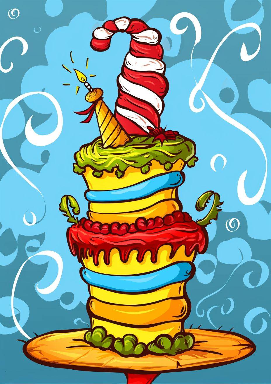 Dr Seuss風の背景で誕生日ケーキのイラスト