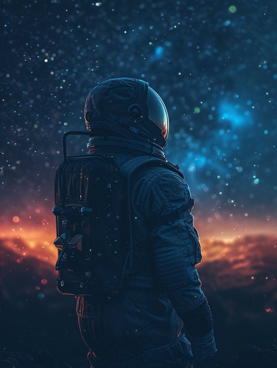 宇宙飛行士が暗闇の中で星を見ながら夕日を眺めています。詳細なファンタジーアートスタイル、32k UHD、ボケ、鉛筆イラスト、クォンタムパンク、想像力豊かなキャラクター、写実的なディテール