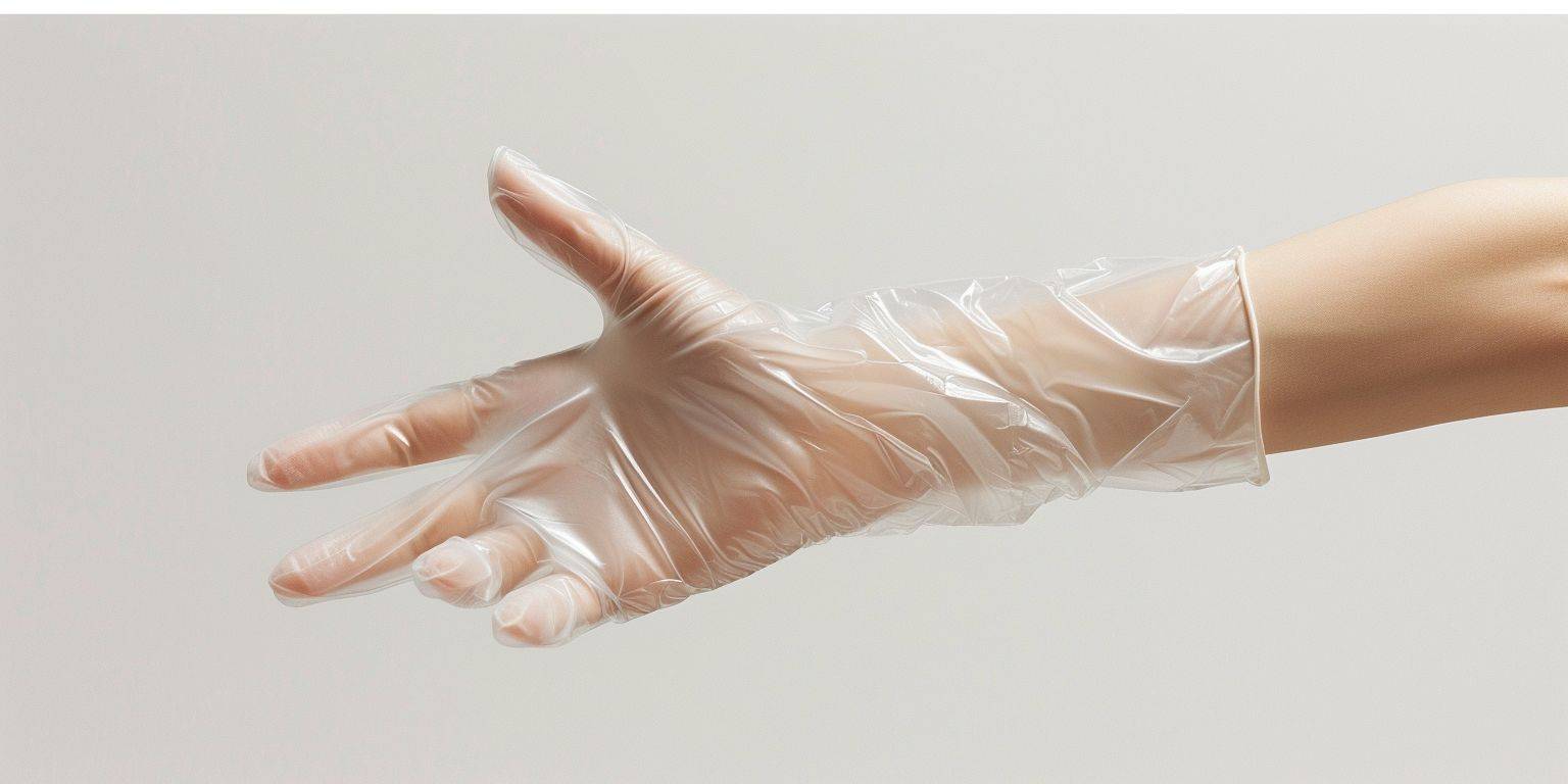 女の子の手、使い捨て手袋をはめる、透明手袋、厚手（手は愛以上）、真っ白な背景、非常に精巧、ディテール、写真グレード