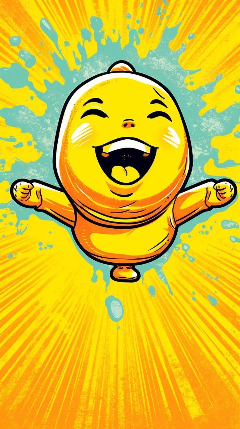 A vibrant illustration, anime vibrant lemon smiling and jumping, sun-soaked-air, inspired by Kazuo Umezu, with a sunny color scheme, vibrant, cheerful punk, sunny and energetic citrine yellow scene background