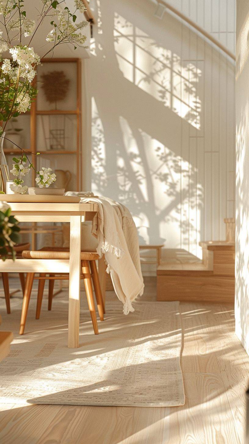 Japanese standard apartment furniture dining room, in the style of cottagecore, playful staircase, sabattier filter, living materials, high quality photo, white and beige, solid wood floor, zeiss batis 18mm f/2.8, no right