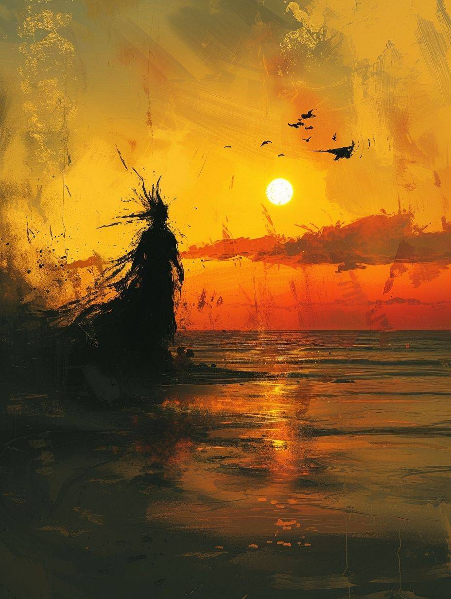 太陽が静かなビーチに沈みゆくとき、神秘のような姿が影から現れ、燃えるような空に影を落とした。--Benedick Banaによる作品