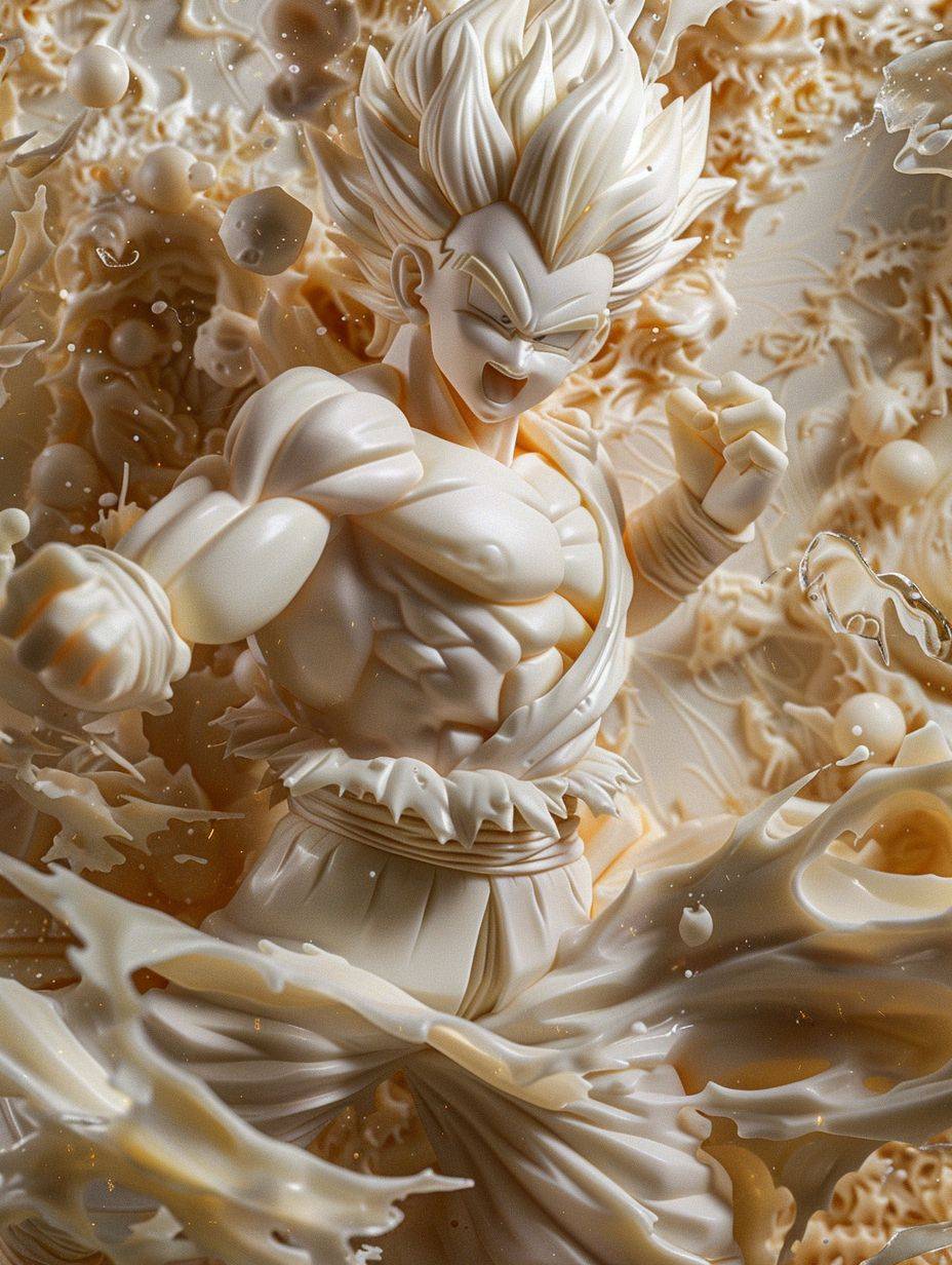 Goku, epic action and dynamic pose, in the style of opaque resin panels, precisionist, ivory, magical girl symbolism, close-up, elaborate borders, surrealistic assemblage --ar 3:4