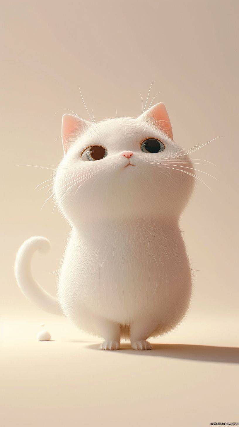 An animated white cat illustration with funny expressions, particularly fat, round, cute, charming characters in a ray-tracing style. A wide-eyed white cat stands on a beige background in the style of 32k uhd, glen keane, miki asai, Ben wooten and meticulous design. A white stuffed cat on its back, GIF style, Miki Asahi, small leap, huge scale, Disney animation, concise, strong expression. Rendered in cinema4d style, animated GIFs, charming character illustrations, Chinese punk, elegant curves, soft lighting.