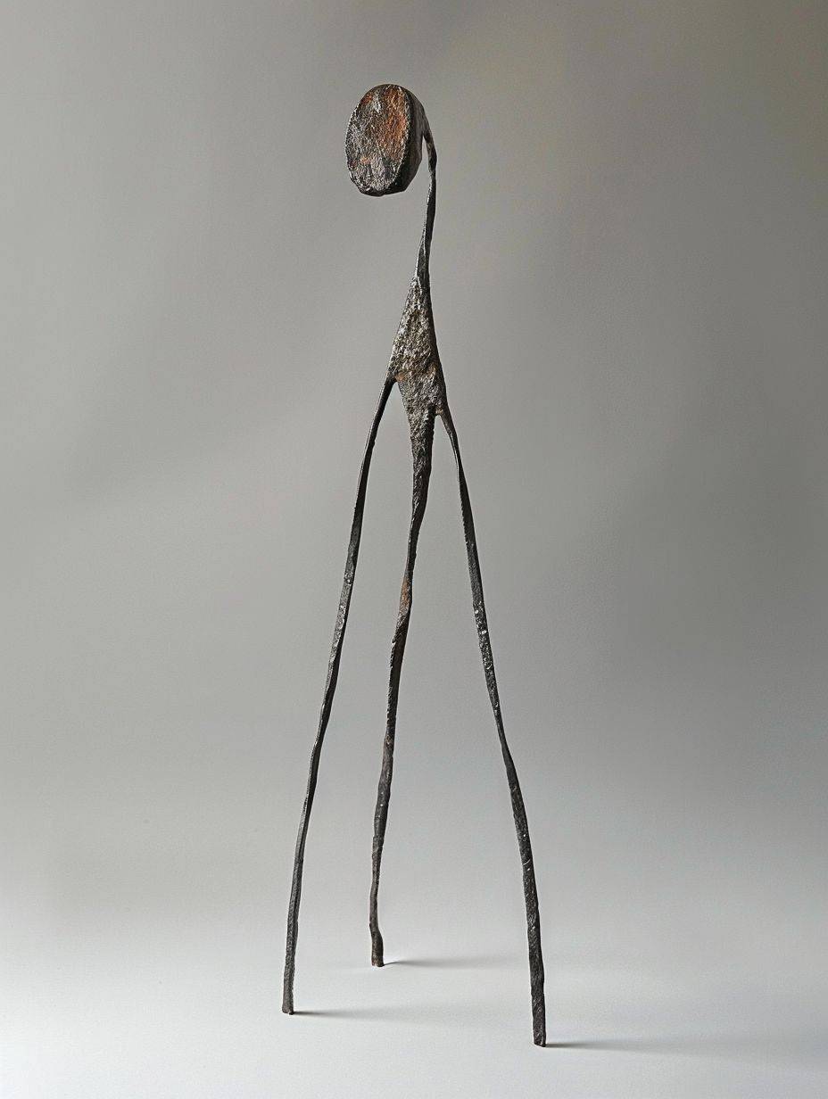 Ancient neolithic inspired simple steel sculpture of human/animal form, weirdly tall with long legs, abstract --ar 3:4